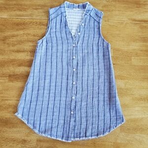 Mystree 100% Cotton Guaze Tunic Length Tank V- Neck Button Down  Pin Stripe